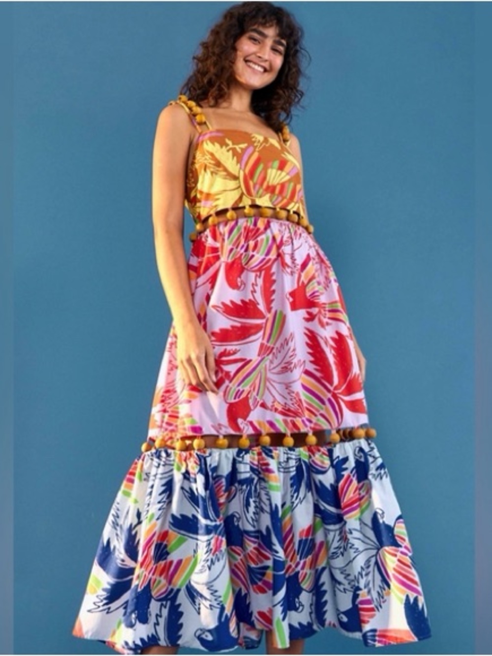 Farm Rio Birds Wood Balls Tiered Cotton Maxi Dress NWT size S